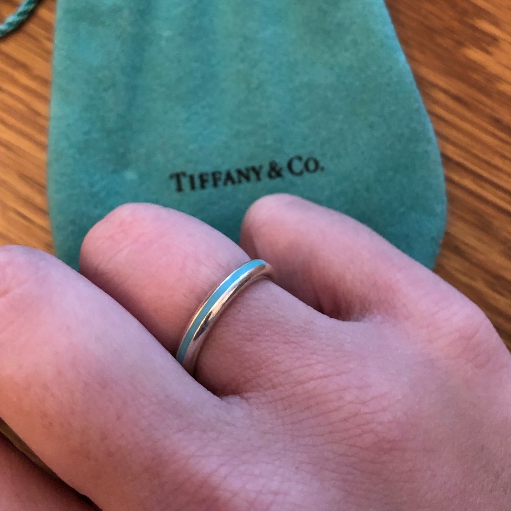 Tiffany & Co Blue Enamel Stripe Silver Ring